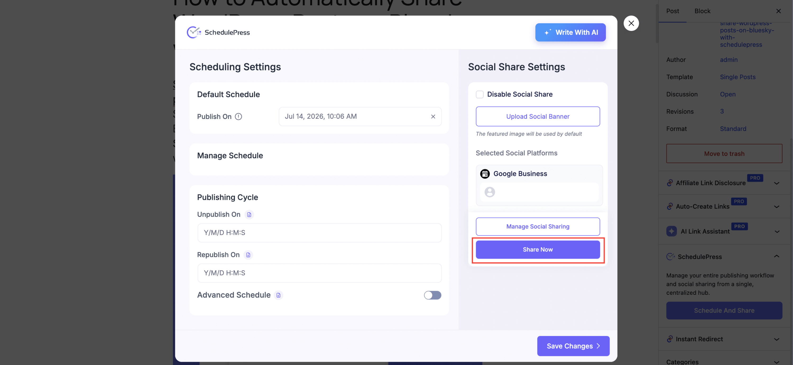 How to Automatically Share WordPress Posts on Google Business Profile Using SchedulePress? - WPDeveloper Share WordPress Posts on Google Business Profile