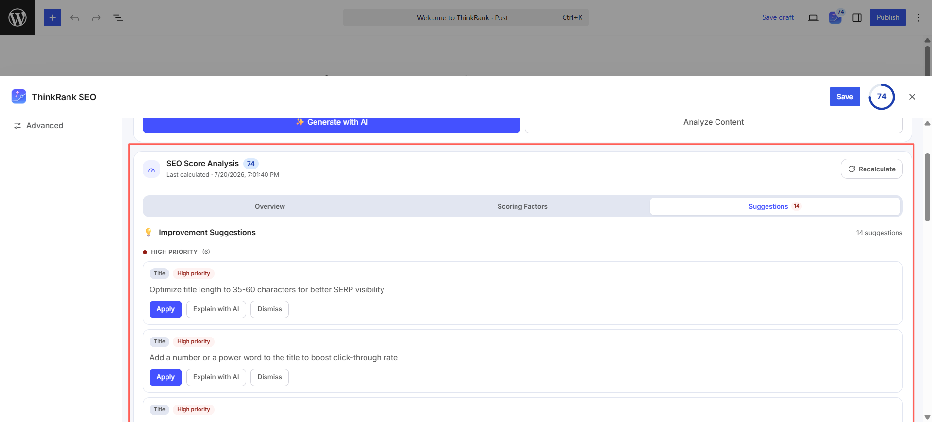 Introducing ThinkRank: The AI SEO Plugin for WordPress by WPDeveloper - WPDeveloper Improvement suggestions sorted by priority, each with Apply, Explain with AI and Dismiss.