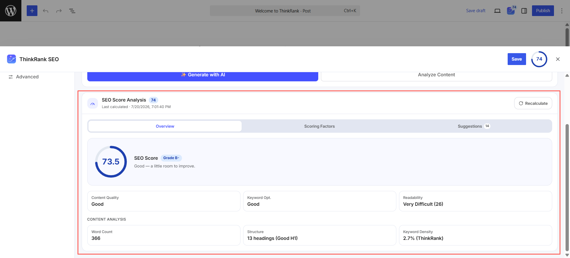 Introducing ThinkRank: The AI SEO Plugin for WordPress by WPDeveloper - WPDeveloper The score panel gives you a grade plus the specific factors behind it.