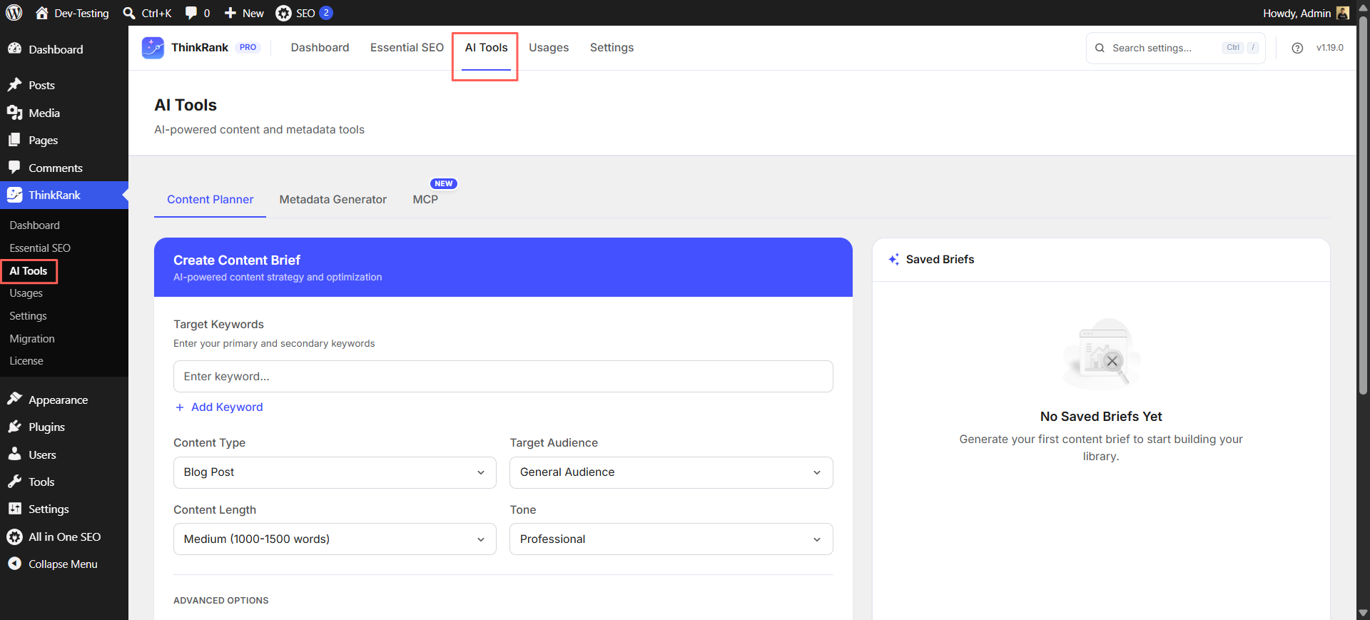 Introducing ThinkRank: The AI SEO Plugin for WordPress by WPDeveloper - WPDeveloper Set your keywords, content type, audience, length and tone, then generate a brief.
