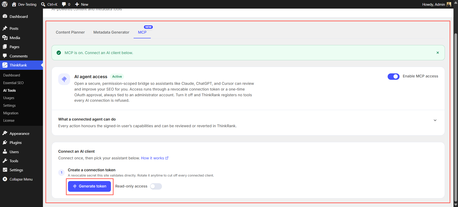 Introducing ThinkRank: The AI SEO Plugin for WordPress by WPDeveloper - WPDeveloper Generate a revocable connection token, with an optional read-only mode.