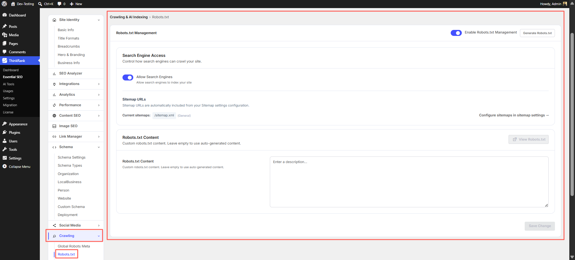 Introducing ThinkRank: The AI SEO Plugin for WordPress by WPDeveloper - WPDeveloper Robots.txt management, with sitemap URLs pulled in automatically from your sitemap settings.