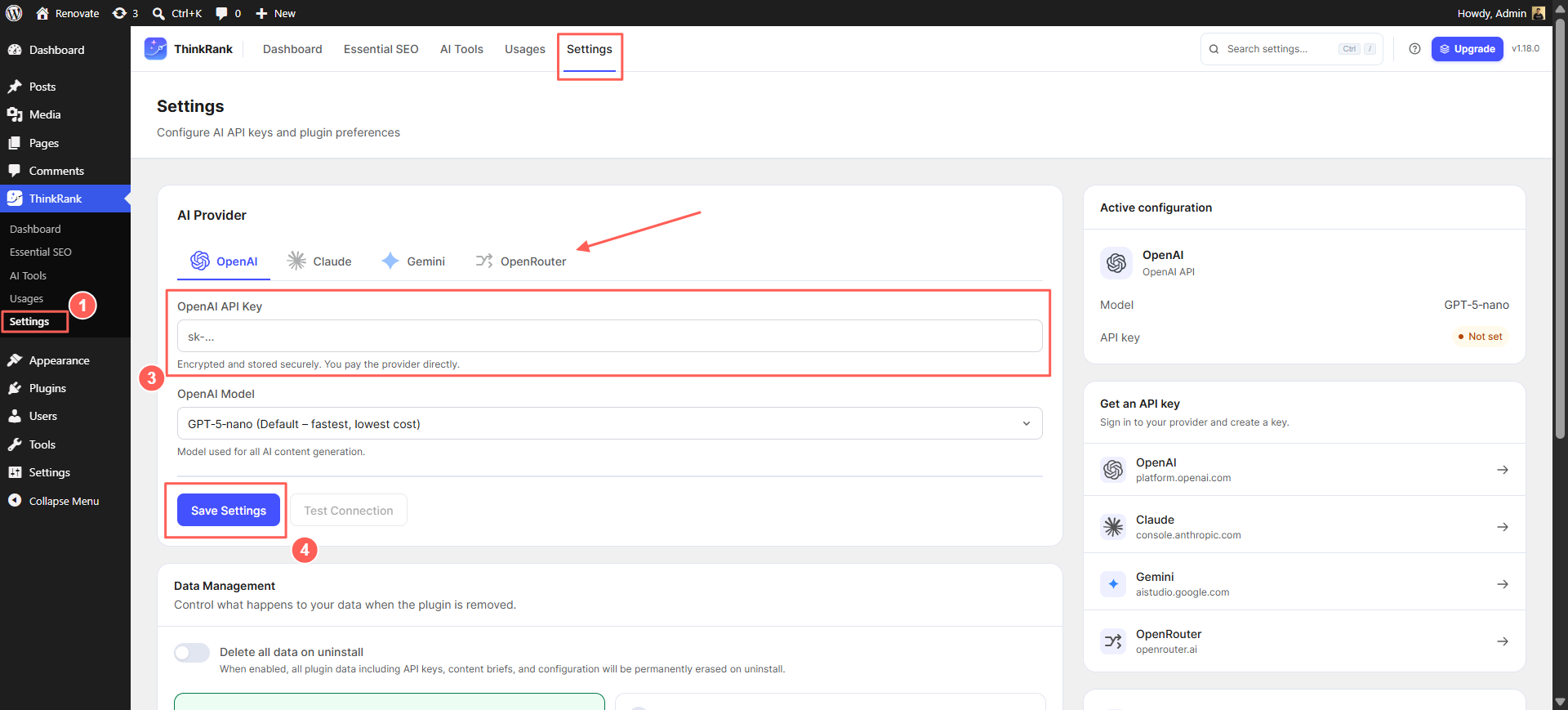 Introducing ThinkRank: The AI SEO Plugin for WordPress by WPDeveloper - WPDeveloper Connect OpenAI, Claude, Gemini or OpenRouter with your own key. You pay the provider directly.