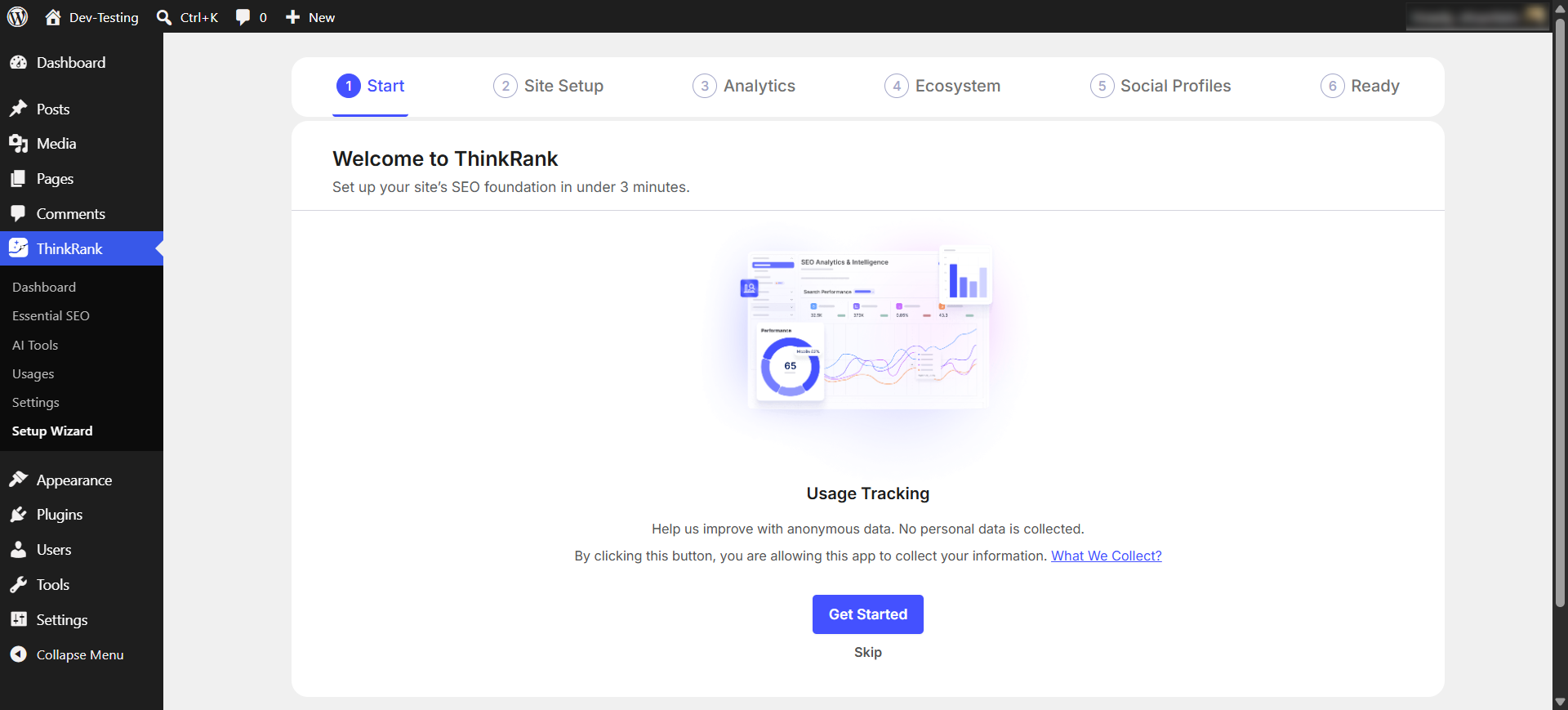 Introducing ThinkRank: The AI SEO Plugin for WordPress by WPDeveloper - WPDeveloper The Setup Wizard walks you through site setup, analytics, ecosystem and social profiles in six steps.