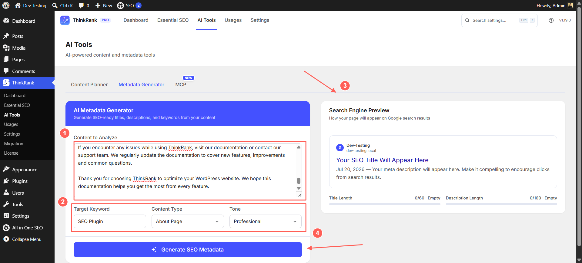 Introducing ThinkRank: The AI SEO Plugin for WordPress by WPDeveloper - WPDeveloper Paste or pull content, set a target keyword and tone, then generate metadata with a live search preview.