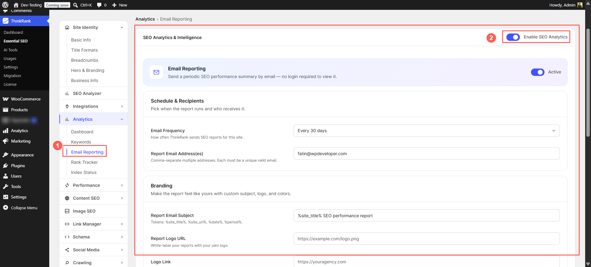 Introducing ThinkRank: The AI SEO Plugin for WordPress by WPDeveloper - WPDeveloper White-label scheduled reports with your own branding, sent on your chosen frequency.