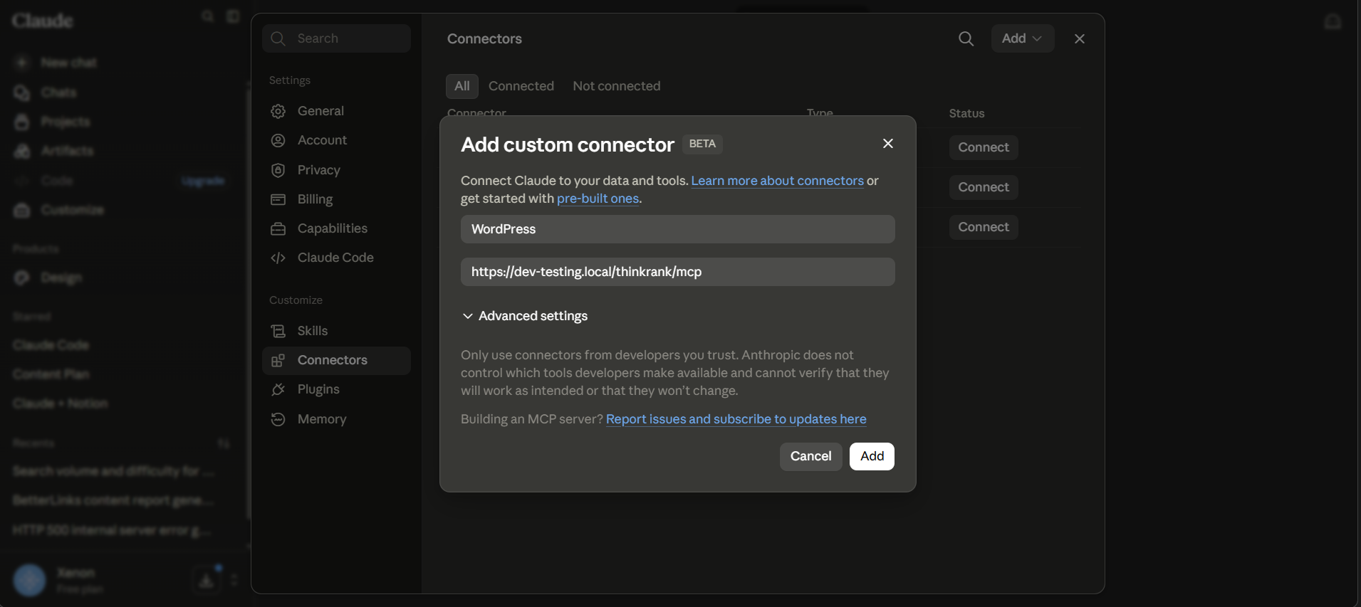 Introducing ThinkRank: The AI SEO Plugin for WordPress by WPDeveloper - WPDeveloper Adding your WordPress site as a custom connector in Claude takes one URL.